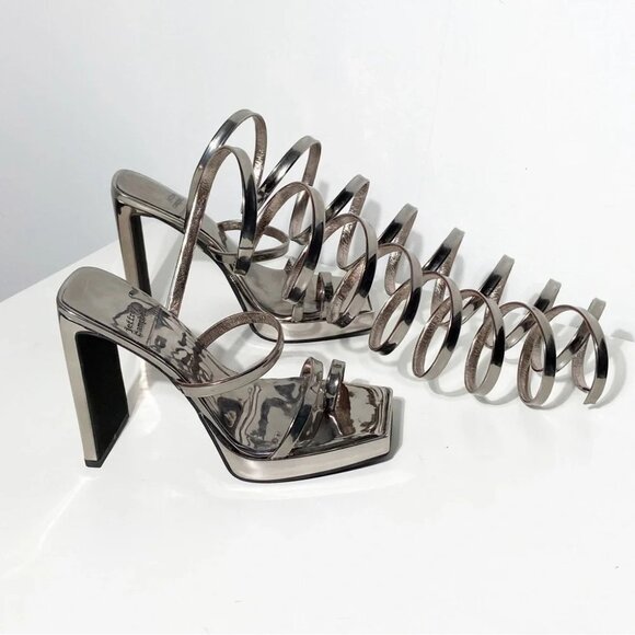 New Jeffrey Campbell silver pewter mirror finish coil slinky strappy heel sandal - Picture 2 of 7